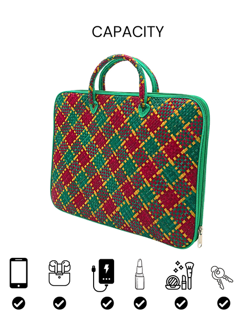 Load image into Gallery viewer, Handwoven Buri Laptop Bag with Green and Red Plaid Pattern | Eco-Friendly Straw Case
