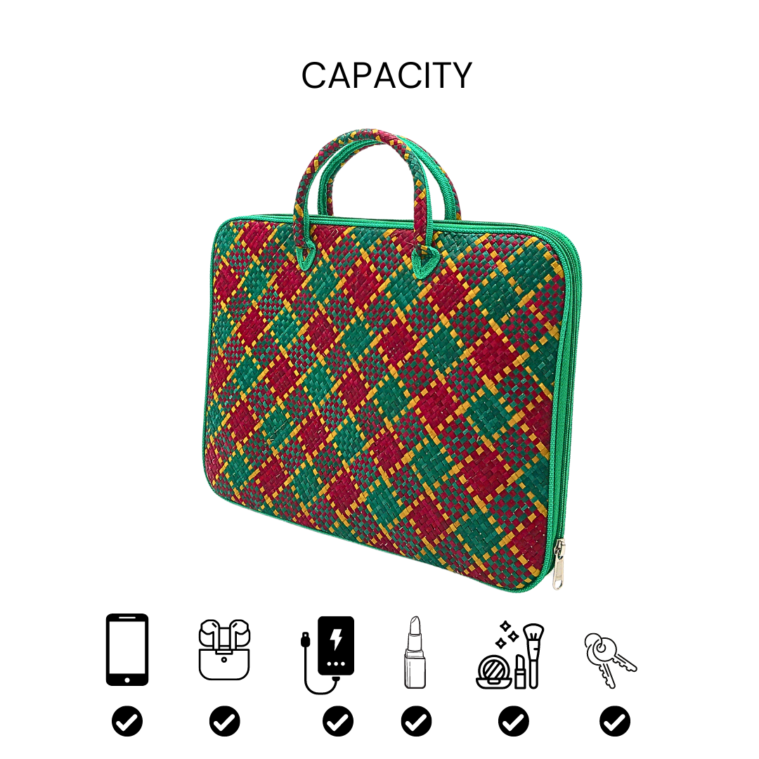 Handwoven Buri Laptop Bag with Green and Red Plaid Pattern | Eco-Friendly Straw Case