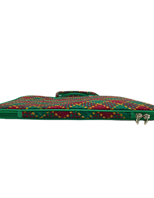 Load image into Gallery viewer, Handwoven Buri Laptop Bag with Green and Red Plaid Pattern | Eco-Friendly Straw Case
