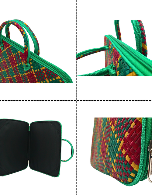 Load image into Gallery viewer, Handwoven Buri Laptop Bag with Green and Red Plaid Pattern | Eco-Friendly Straw Case
