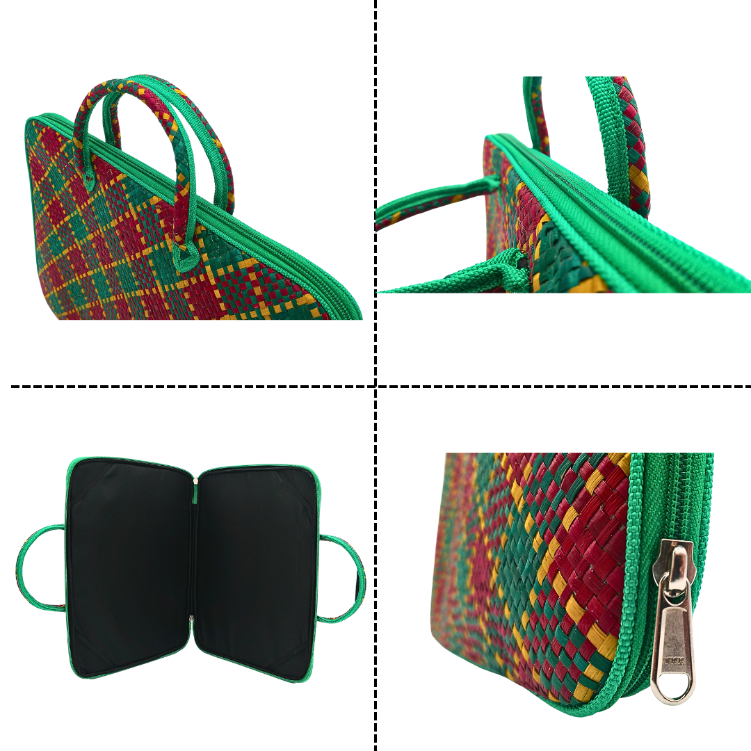 Handwoven Buri Laptop Bag with Green and Red Plaid Pattern | Eco-Friendly Straw Case