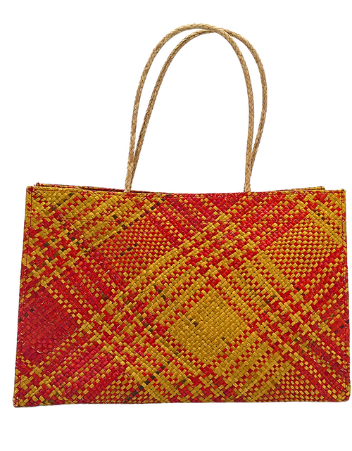 Load image into Gallery viewer, Vibrant Handwoven Buri Bag with Plaid Pattern | Eco-Friendly Straw Tote
