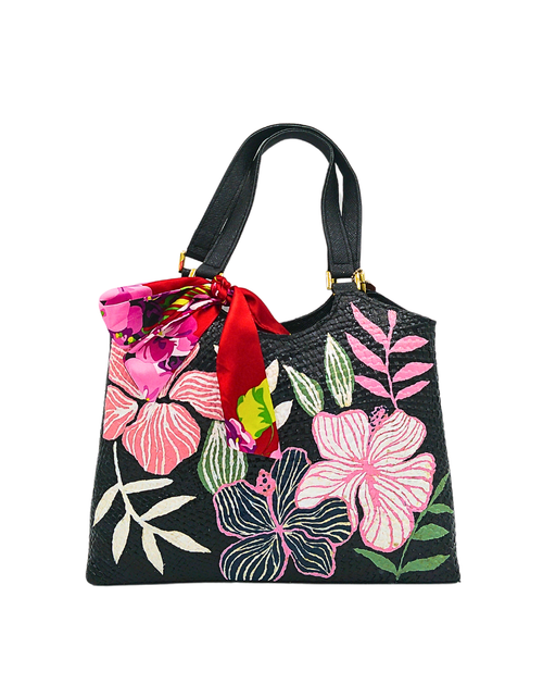 Load image into Gallery viewer, Handwoven Pandan Handbag with Vibrant Floral Design and Scarf - Eco-Friendly and Versatile
