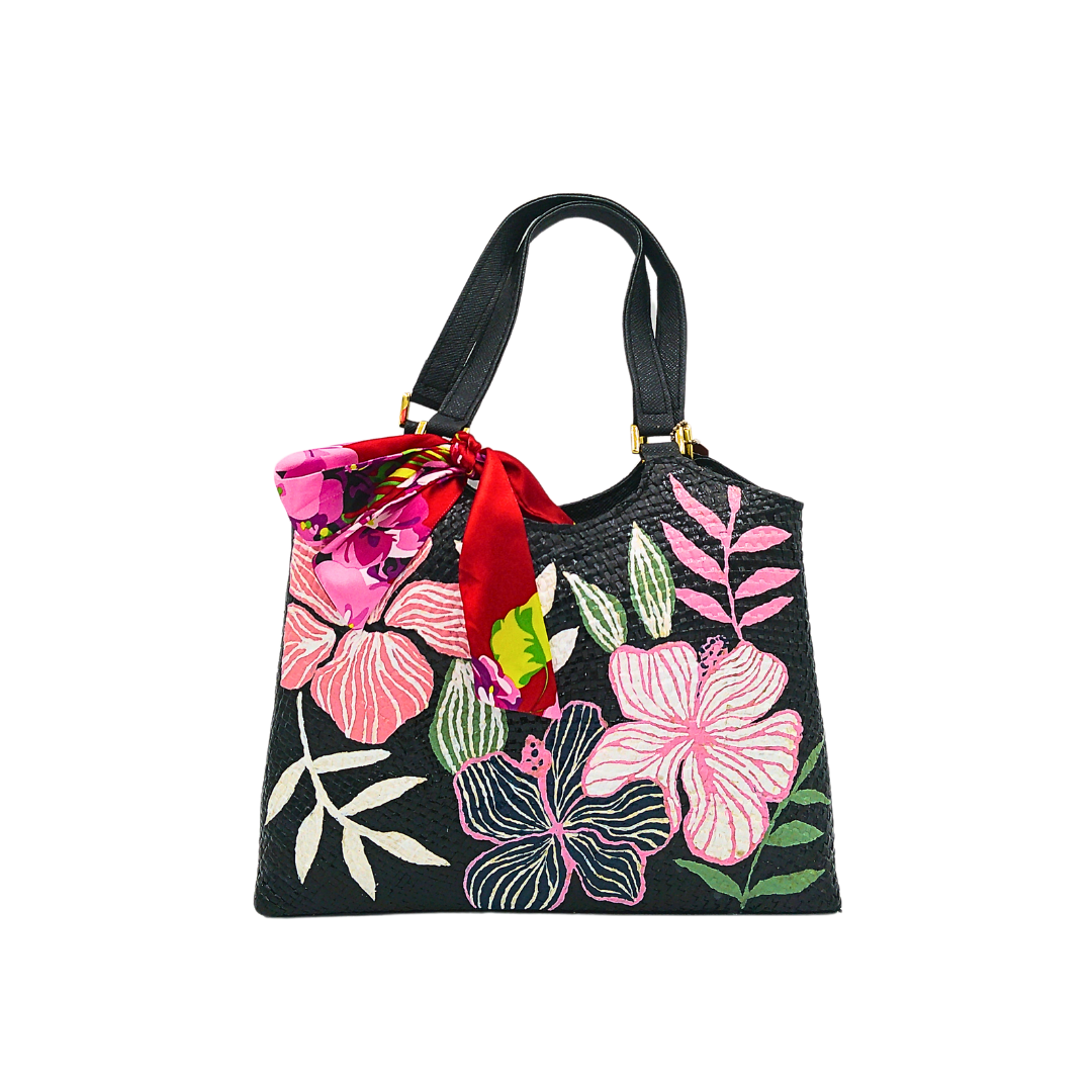 Handwoven Pandan Handbag with Vibrant Floral Design and Scarf - Eco-Friendly and Versatile