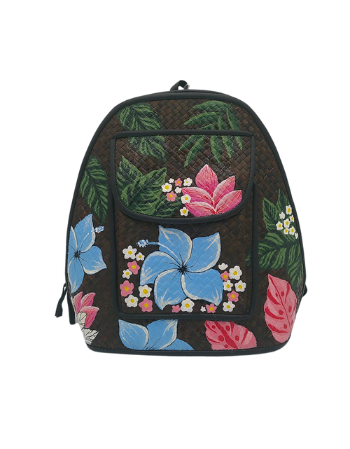 Load image into Gallery viewer, Hand-Painted Floral Woven Straw Backpack – Artistic Eco-Friendly Bag with Front Pocket
