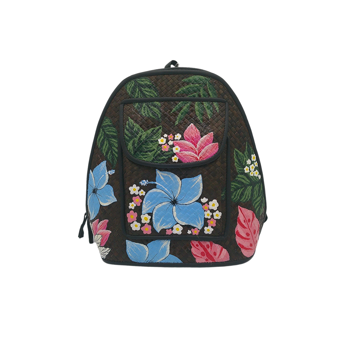 Hand-Painted Floral Woven Straw Backpack – Artistic Eco-Friendly Bag with Front Pocket