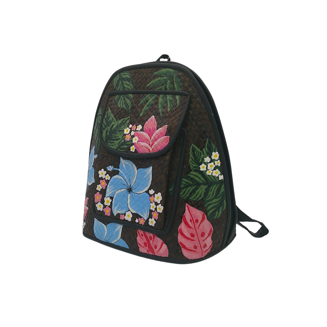 Hand-Painted Floral Woven Straw Backpack – Artistic Eco-Friendly Bag with Front Pocket