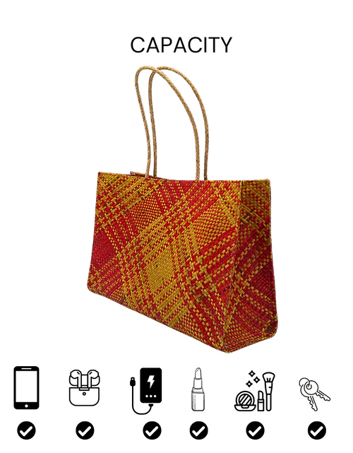 Load image into Gallery viewer, Vibrant Handwoven Buri Bag with Plaid Pattern | Eco-Friendly Straw Tote
