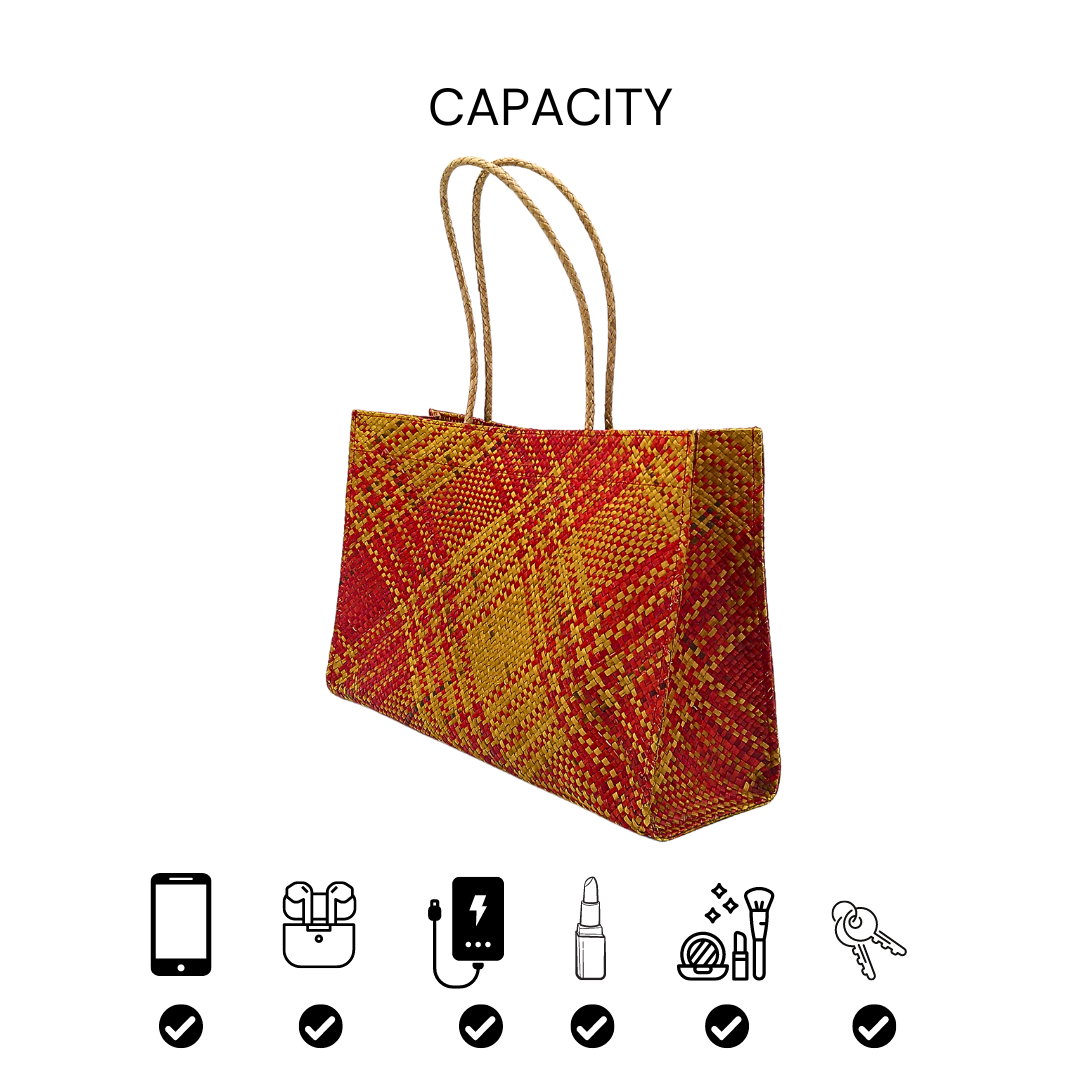 Vibrant Handwoven Buri Bag with Plaid Pattern | Eco-Friendly Straw Tote