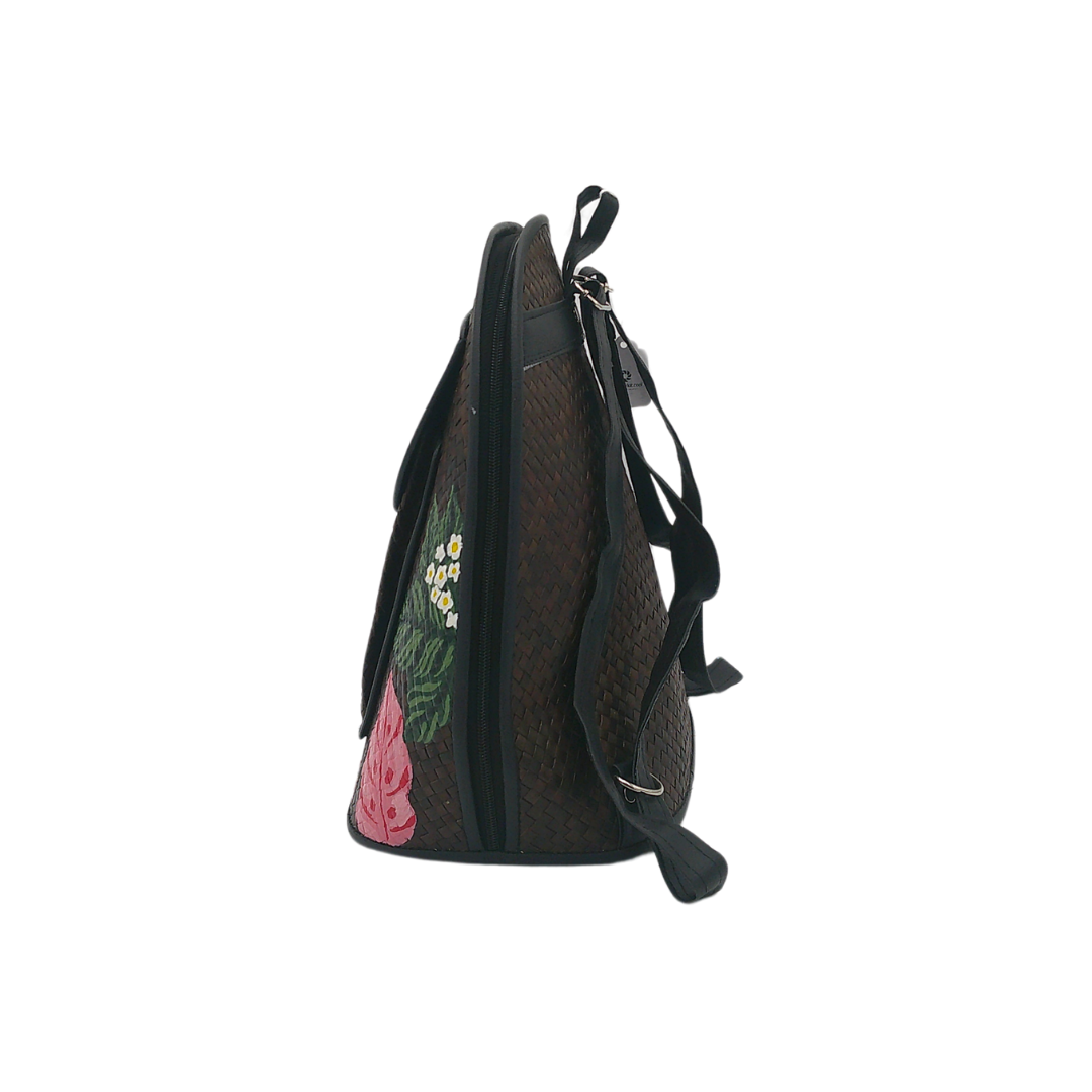 Hand-Painted Floral Woven Straw Backpack – Artistic Eco-Friendly Bag with Front Pocket