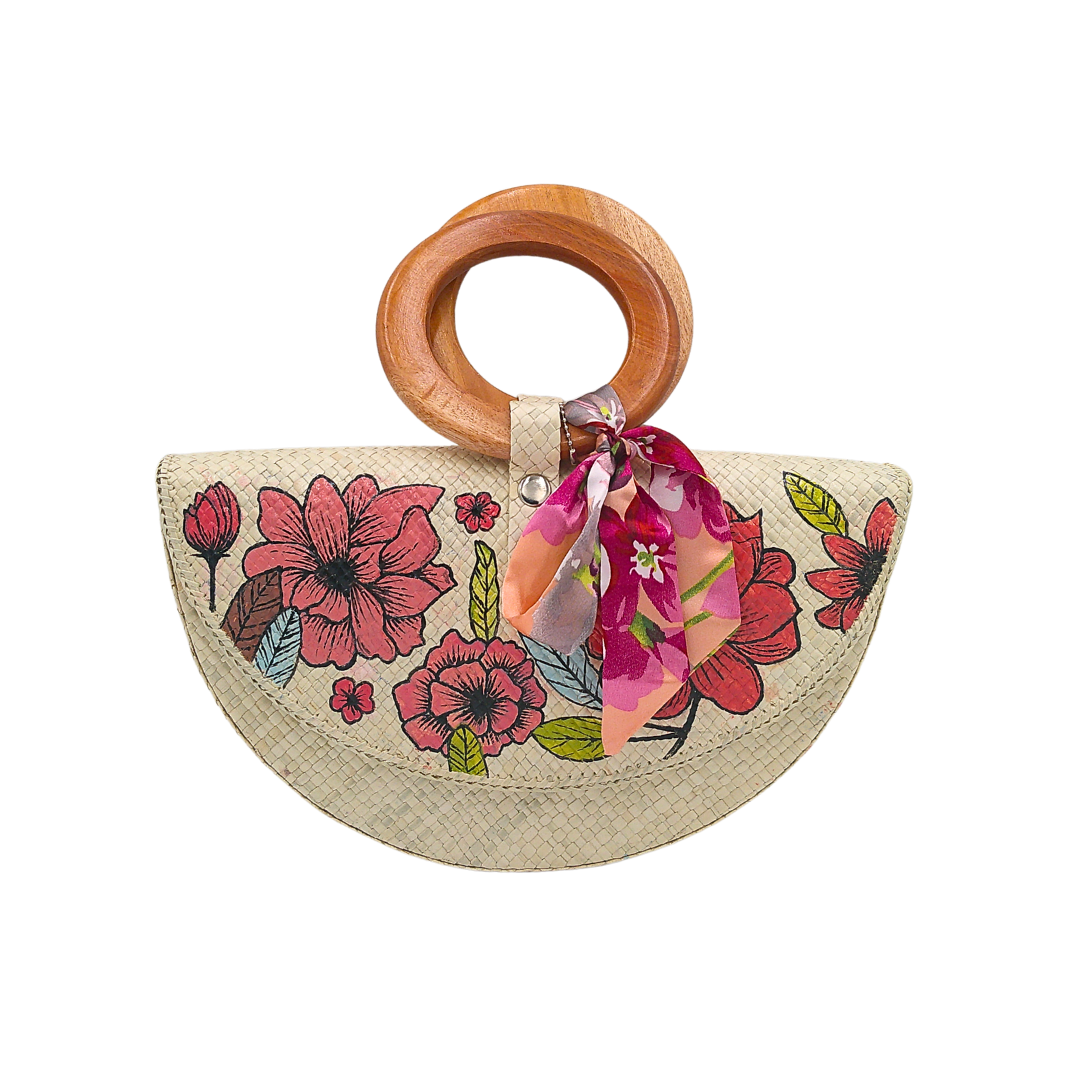 Handwoven Pandan Handbag with Wooden Handle and Floral Design - Eco-Friendly and Stylish