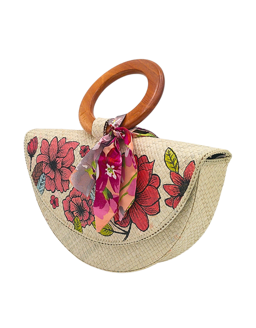 Load image into Gallery viewer, Handwoven Pandan Handbag with Wooden Handle and Floral Design - Eco-Friendly and Stylish
