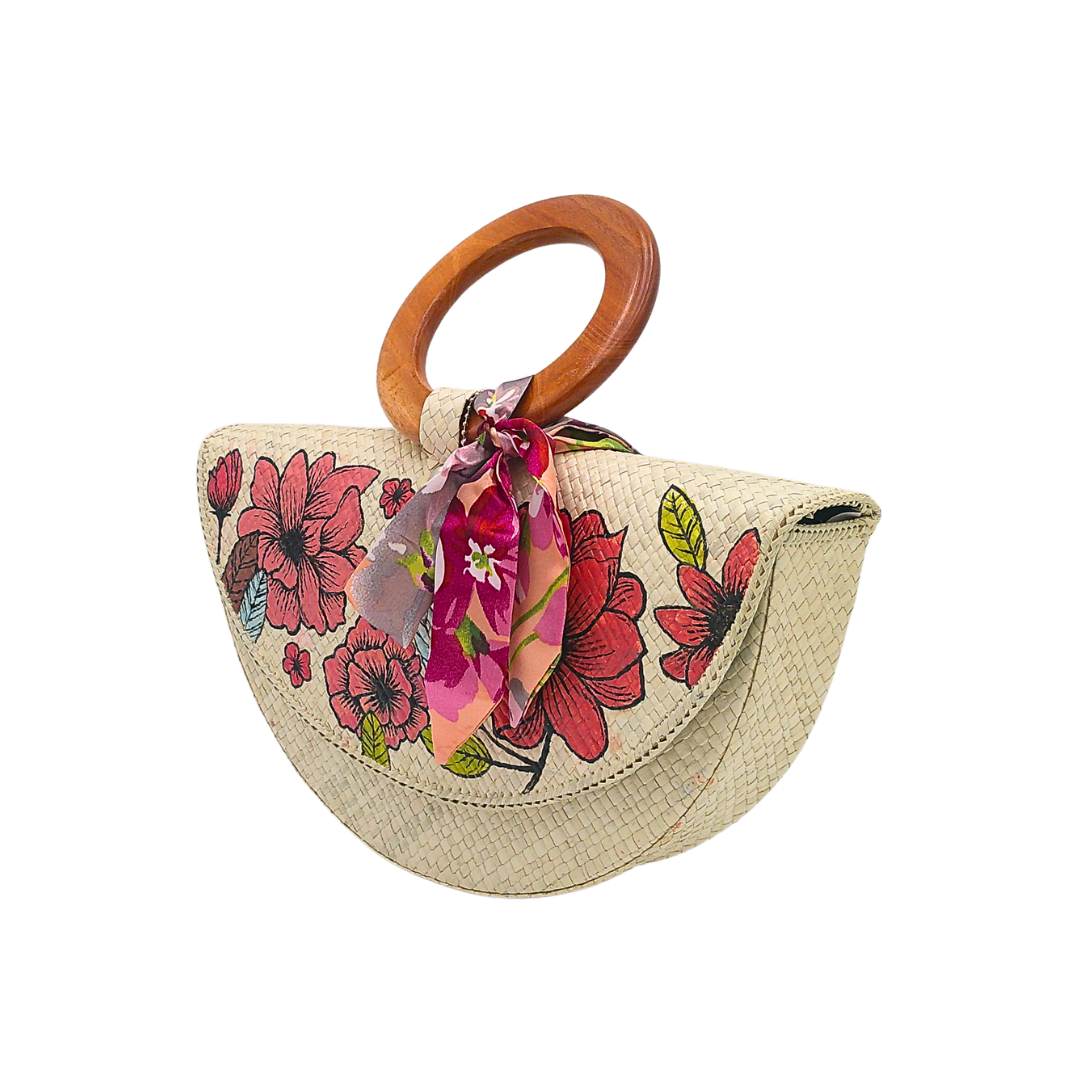 Handwoven Pandan Handbag with Wooden Handle and Floral Design - Eco-Friendly and Stylish