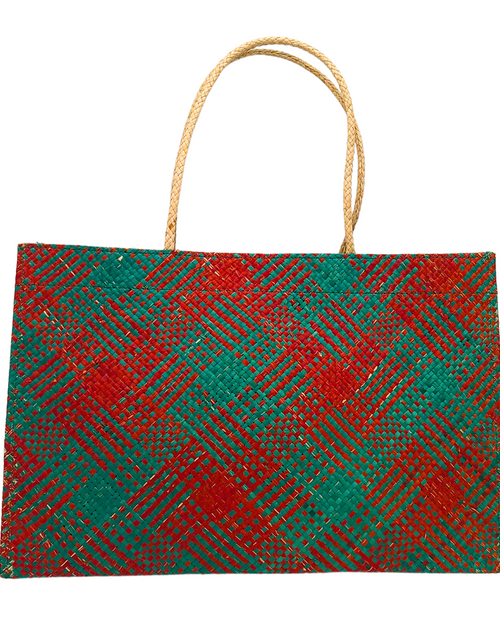 Load image into Gallery viewer, Vibrant Handwoven Buri Bag with Plaid Pattern | Eco-Friendly Straw Tote
