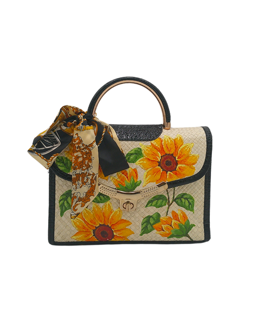 Load image into Gallery viewer, Hand-Painted Floral Woven Straw Handbag – Elegant Tote with Sunflower &amp; Hibiscus Art and Silk Scarf Accent
