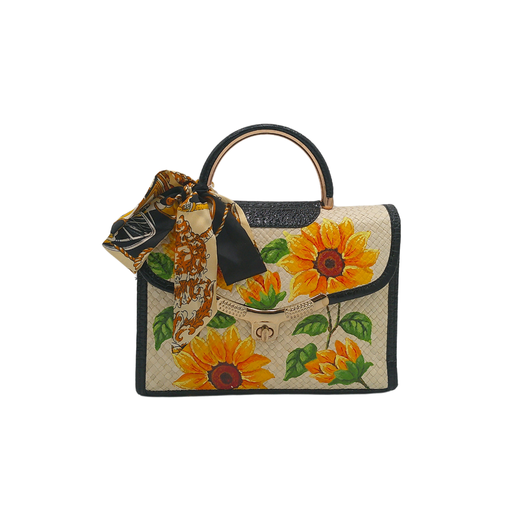 Hand-Painted Floral Woven Straw Handbag – Elegant Tote with Sunflower & Hibiscus Art and Silk Scarf Accent