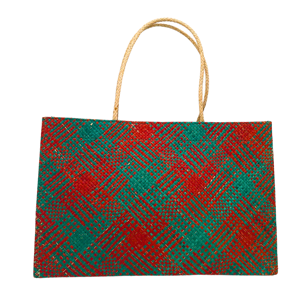 Vibrant Handwoven Buri Bag with Plaid Pattern | Eco-Friendly Straw Tote