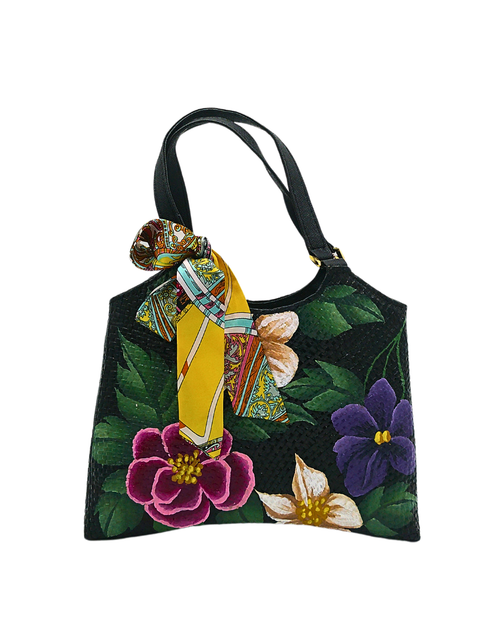 Load image into Gallery viewer, Handwoven Pandan Handbag with Vibrant Floral Design and Scarf - Eco-Friendly and Versatile
