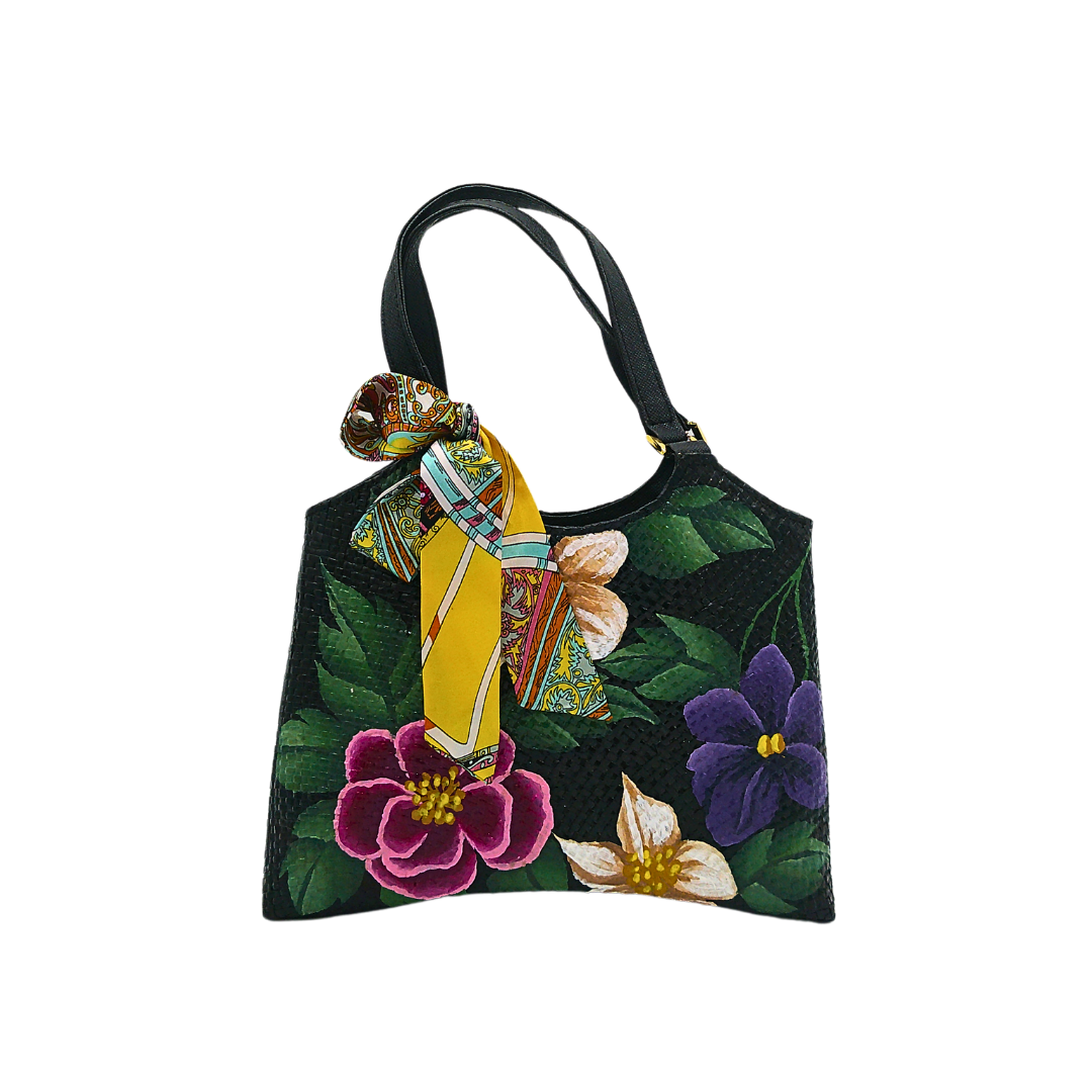 Handwoven Pandan Handbag with Vibrant Floral Design and Scarf - Eco-Friendly and Versatile