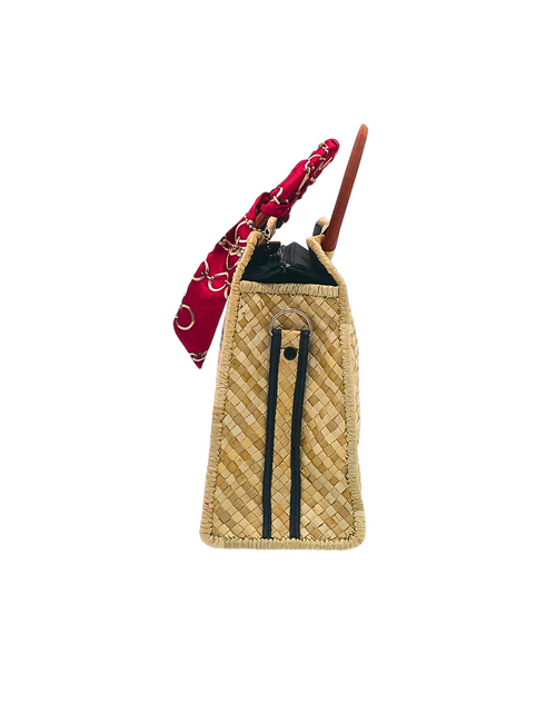 Load image into Gallery viewer, Handwoven Pandan Handbag/Crossbody with Pop Art Design and Scarf Accent - Eco-Friendly and Stylish
