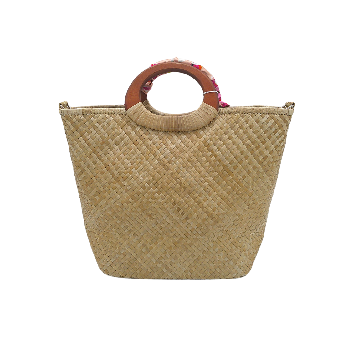 Handmade Woven Straw Tote Bag with Vibrant Floral Art – Unique Summer Beach Bag with Wooden Handles