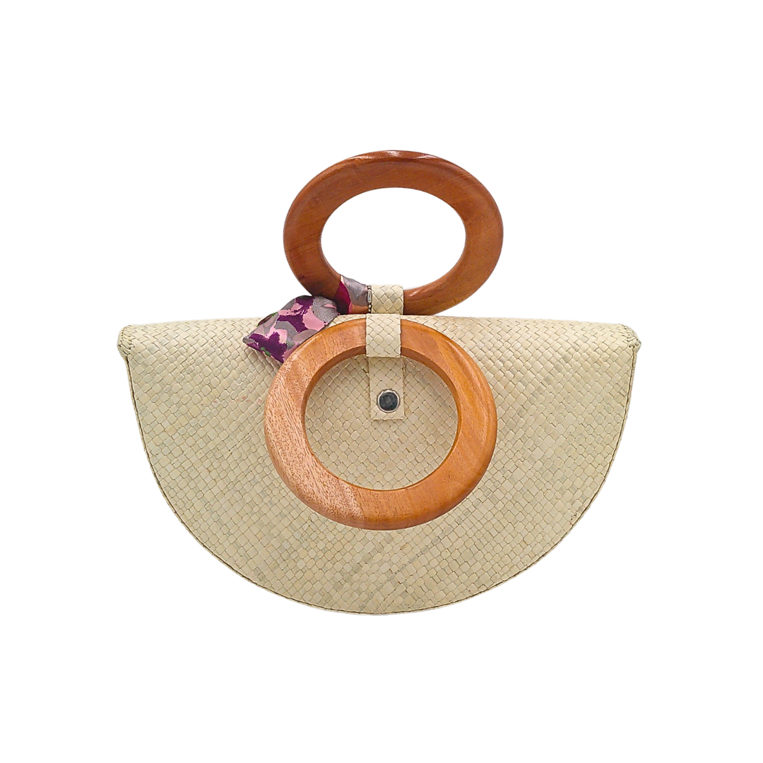 Handwoven Pandan Handbag with Wooden Handle and Floral Design - Eco-Friendly and Stylish