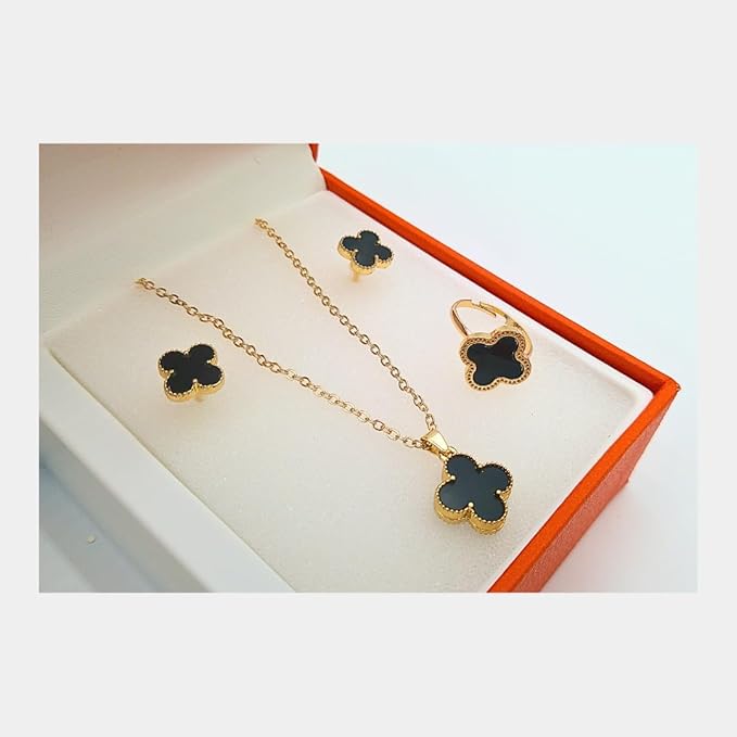 5 piece 4 leaf clover jewelry set with watch, bracelet, earrings, ring, necklace, with jewelry box