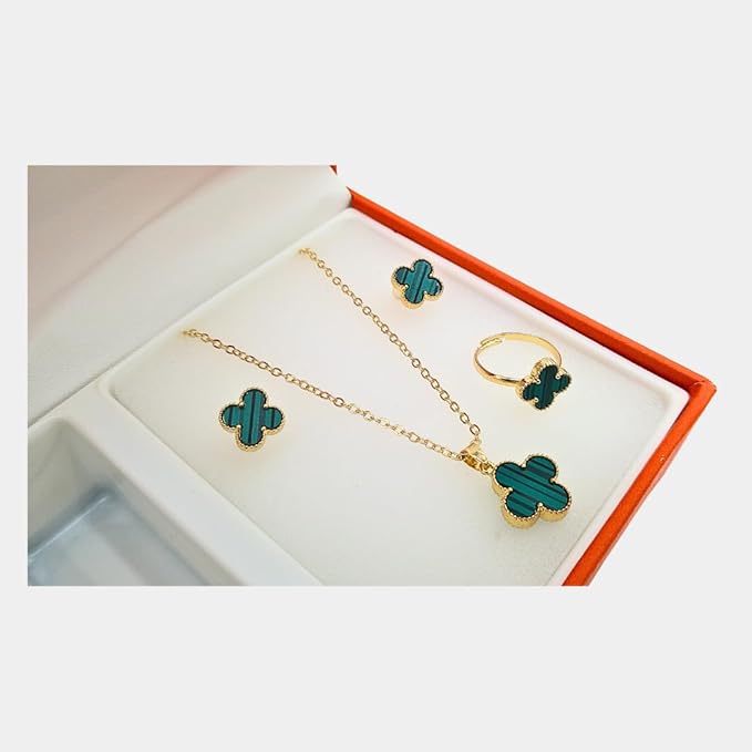 5 piece 4 leaf clover jewelry set with watch, bracelet, earrings, ring, necklace, with jewelry box