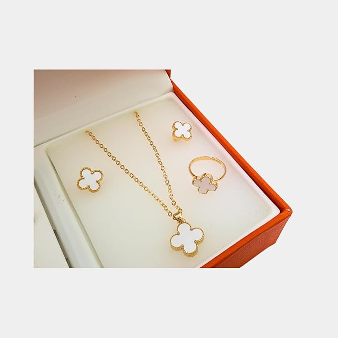 5 piece 4 leaf clover jewelry set with watch, bracelet, earrings, ring, necklace, with jewelry box