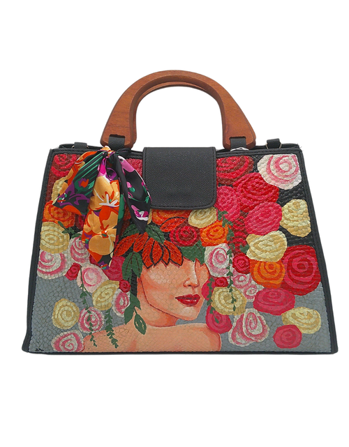 Load image into Gallery viewer, Hand-Painted Floral &amp; Woman Portrait Woven Straw Handbag – Artisan Tote with Wooden Handles &amp; Silk Scarf Accent
