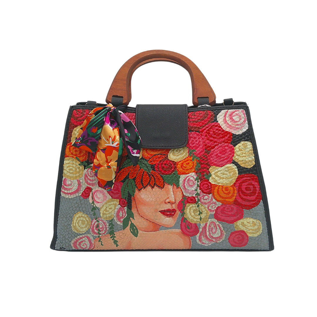 Hand-Painted Floral & Woman Portrait Woven Straw Handbag – Artisan Tote with Wooden Handles & Silk Scarf Accent