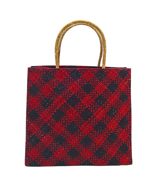 Load image into Gallery viewer, Red and Black Handwoven Buri Bag with Plaid Pattern | Eco-Friendly Straw Tote
