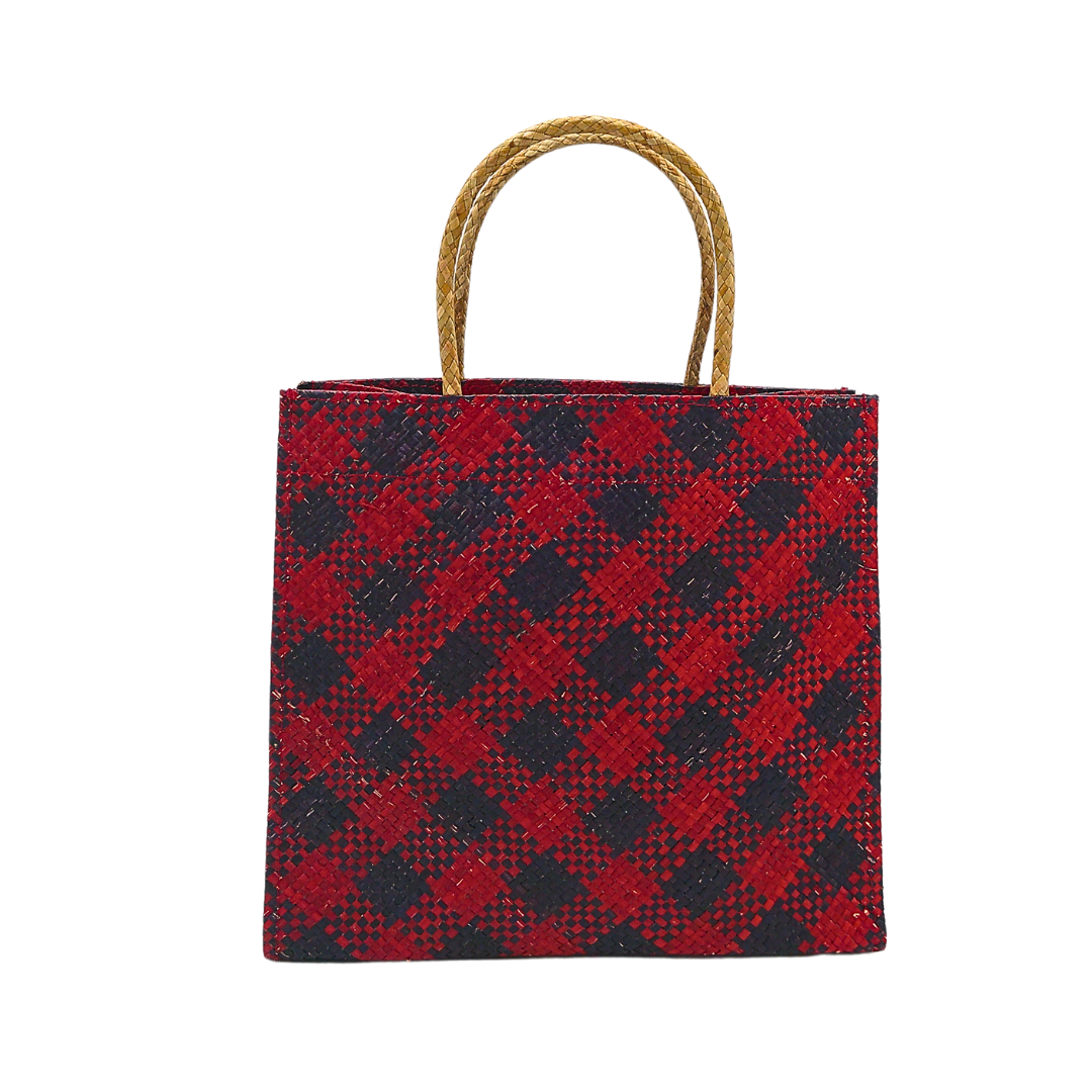 Red and Black Handwoven Buri Bag with Plaid Pattern | Eco-Friendly Straw Tote