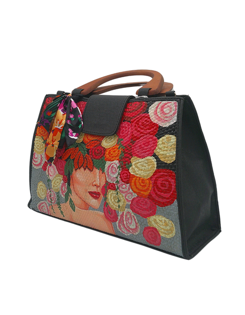 Load image into Gallery viewer, Hand-Painted Floral &amp; Woman Portrait Woven Straw Handbag – Artisan Tote with Wooden Handles &amp; Silk Scarf Accent
