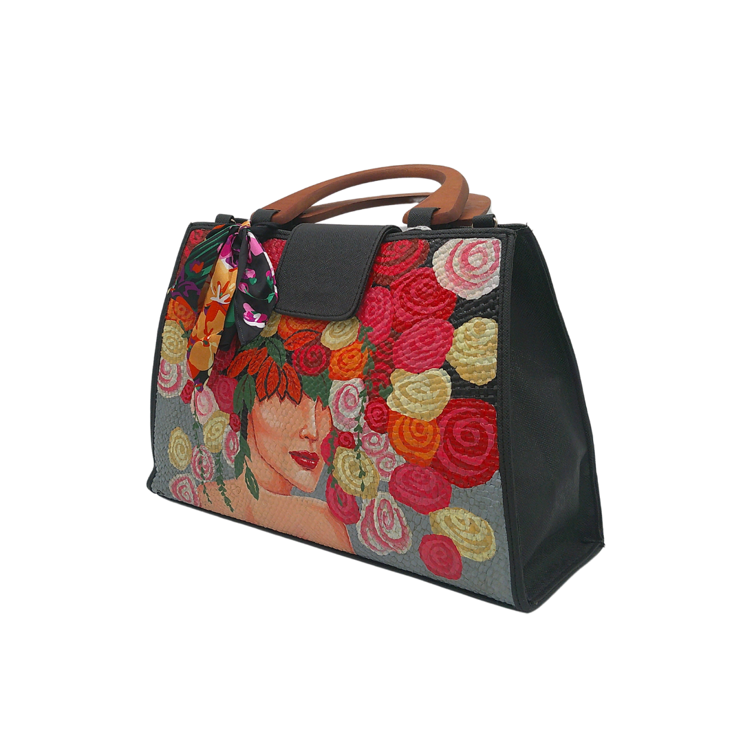 Hand-Painted Floral & Woman Portrait Woven Straw Handbag – Artisan Tote with Wooden Handles & Silk Scarf Accent