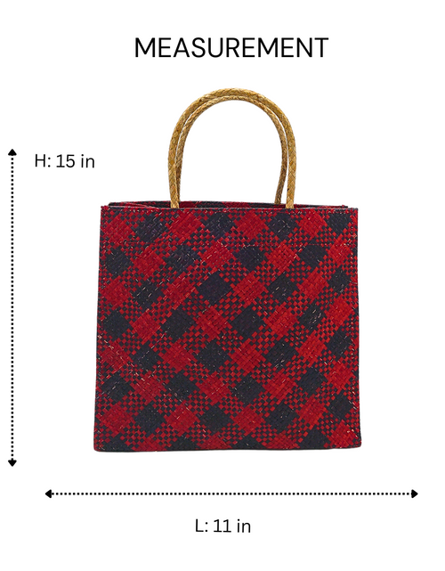 Load image into Gallery viewer, Red and Black Handwoven Buri Bag with Plaid Pattern | Eco-Friendly Straw Tote
