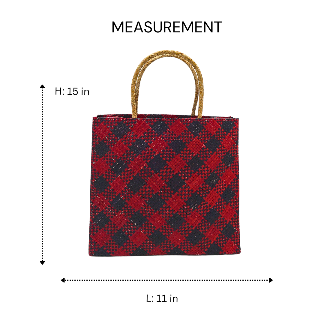 Red and Black Handwoven Buri Bag with Plaid Pattern | Eco-Friendly Straw Tote