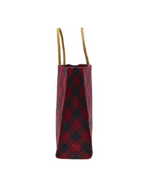 Load image into Gallery viewer, Red and Black Handwoven Buri Bag with Plaid Pattern | Eco-Friendly Straw Tote
