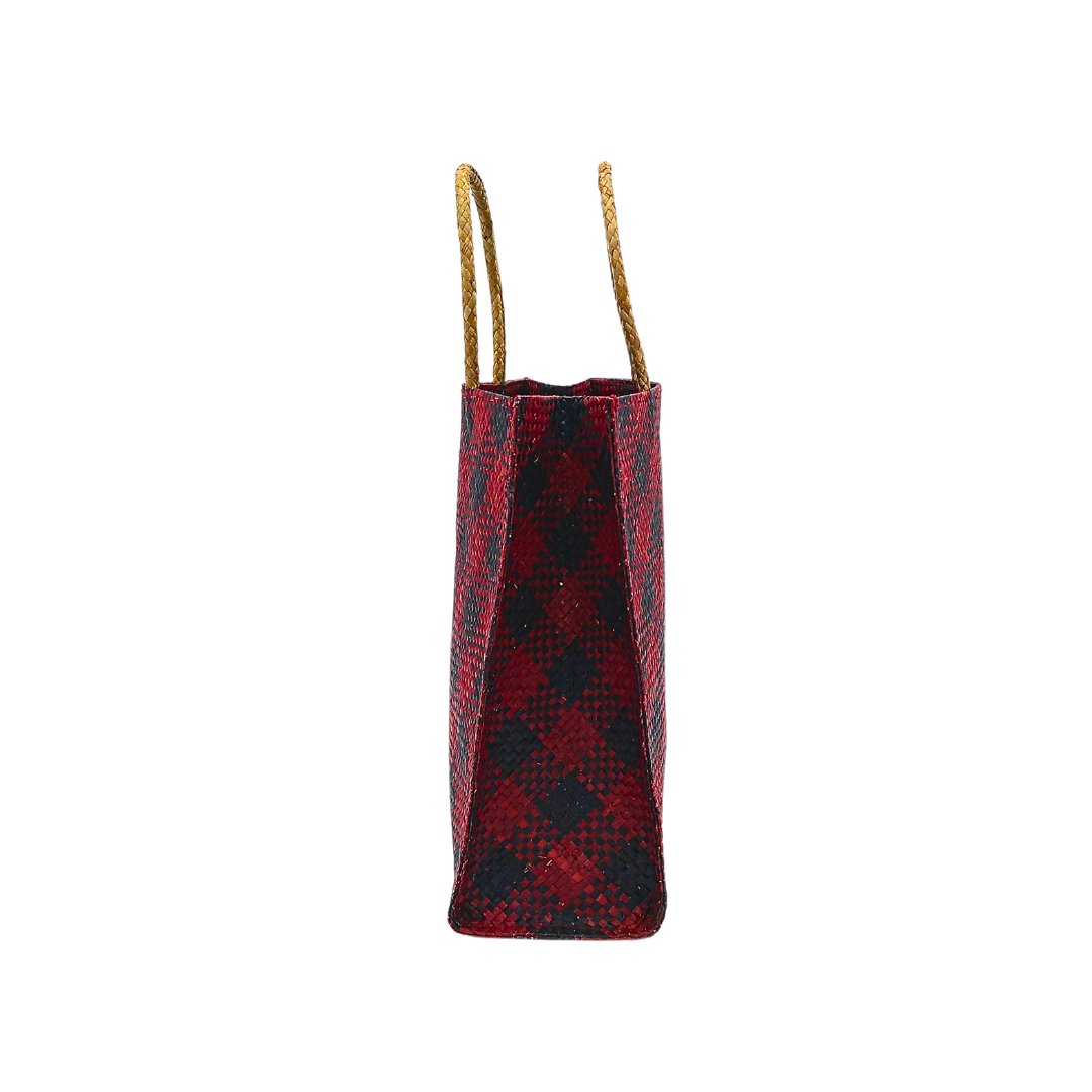 Red and Black Handwoven Buri Bag with Plaid Pattern | Eco-Friendly Straw Tote