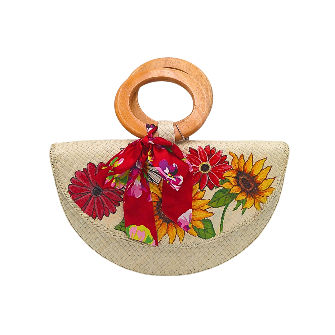 Handwoven Pandan Handbag with Wooden Handle and Floral Design - Eco-Friendly and Stylish