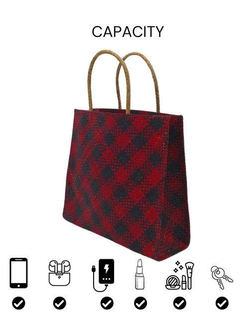 Load image into Gallery viewer, Red and Black Handwoven Buri Bag with Plaid Pattern | Eco-Friendly Straw Tote
