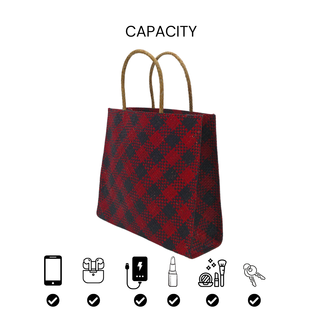 Red and Black Handwoven Buri Bag with Plaid Pattern | Eco-Friendly Straw Tote