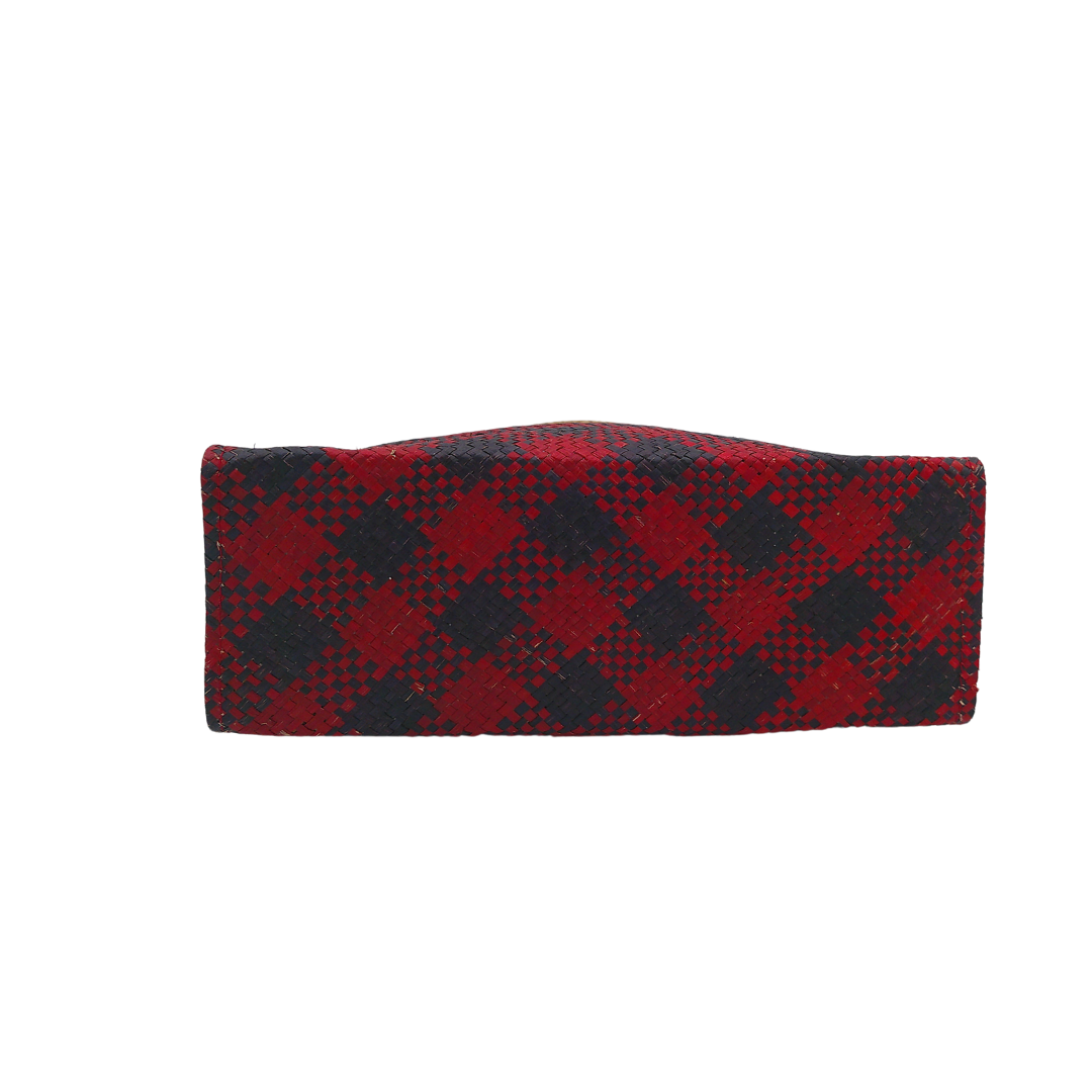 Red and Black Handwoven Buri Bag with Plaid Pattern | Eco-Friendly Straw Tote