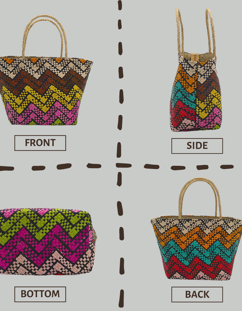 Load image into Gallery viewer, Handwoven Buri Bag with Colorful Chevron Pattern | Eco-Friendly Straw Tote for Summer
