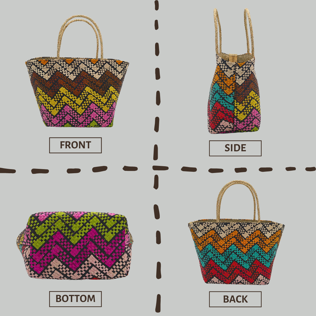 Handwoven Buri Bag with Colorful Chevron Pattern | Eco-Friendly Straw Tote for Summer