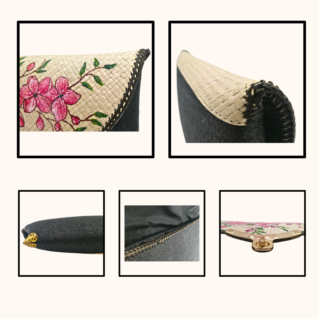 Elegant Handwoven Pandan Clutch with Floral Design - Eco-Friendly Evening Purse