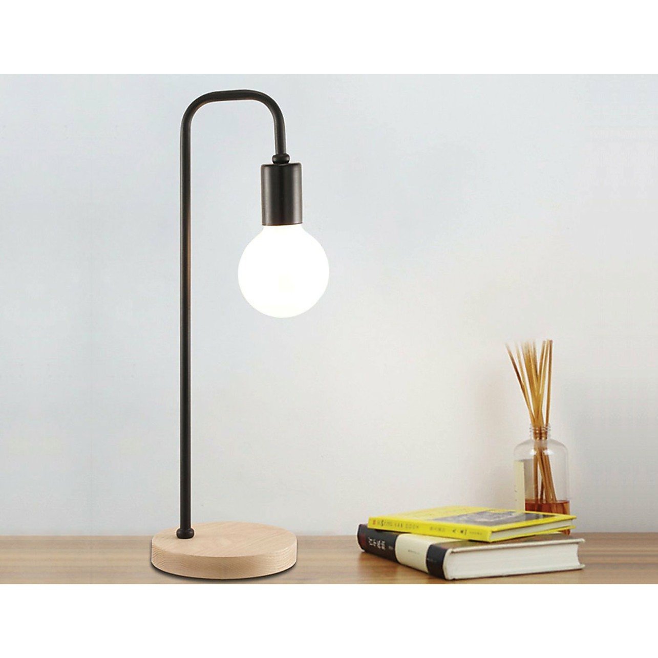 Minimalist Industrial Table Lamp with Exposed Bulb and Wooden Base