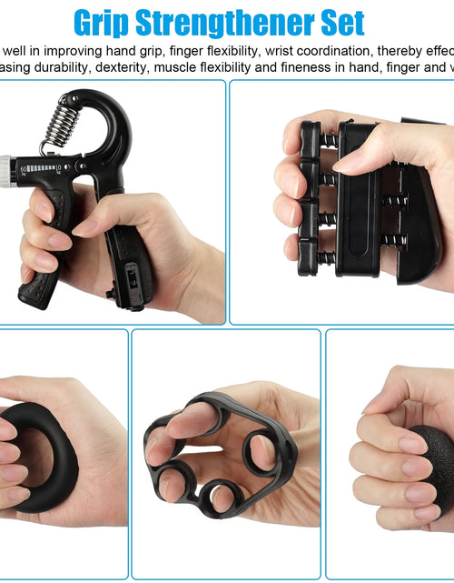 Load image into Gallery viewer, 5Pcs Hand Grip Strengthener Set, Adjustable Resistance 22 to 132Lbs Hand Gripper Strength Trainer, Finger Exerciser, Finger Stretcher, Grip Loop, Stress Relief Ball
