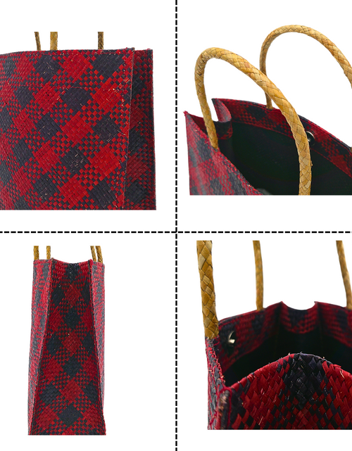 Load image into Gallery viewer, Red and Black Handwoven Buri Bag with Plaid Pattern | Eco-Friendly Straw Tote
