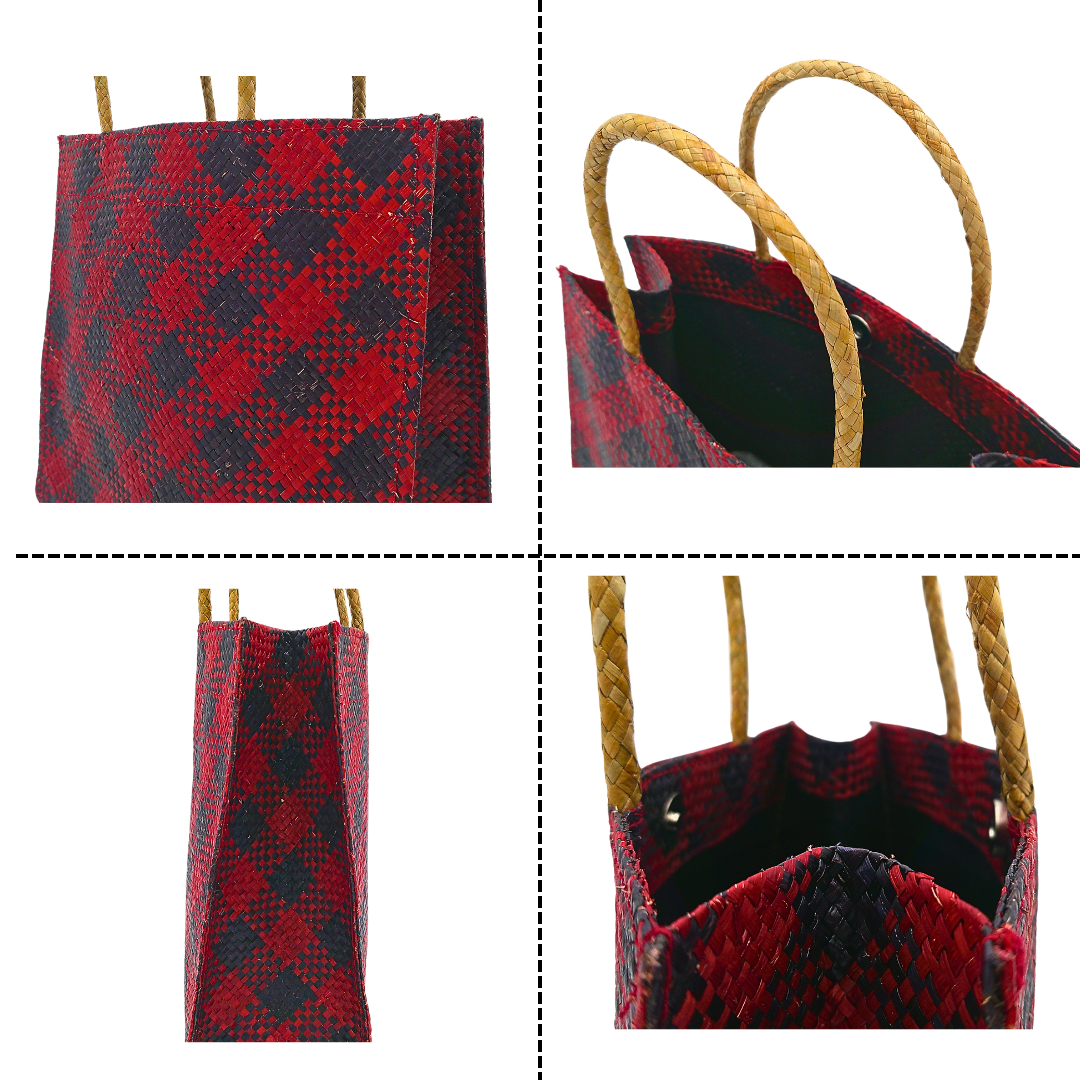 Red and Black Handwoven Buri Bag with Plaid Pattern | Eco-Friendly Straw Tote